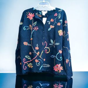 Coldwater Creek L Black Floral Embroidered Cardigan Sweater NWT